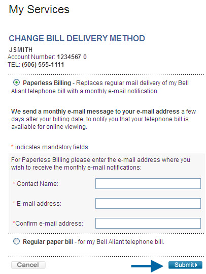 Showing the Submit button under change bill delivery method to submit details for switching to paperless billing