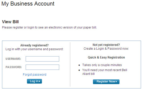 Showing the forms for log-in and registration to see an electronic version of your paper bill