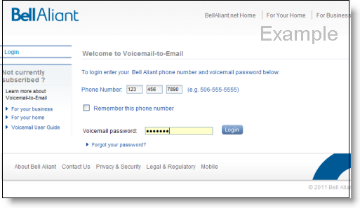 Showing the voicemail-to-email login page layout