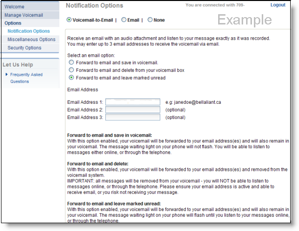 Showing the form to configure voicemail-to-email notification options