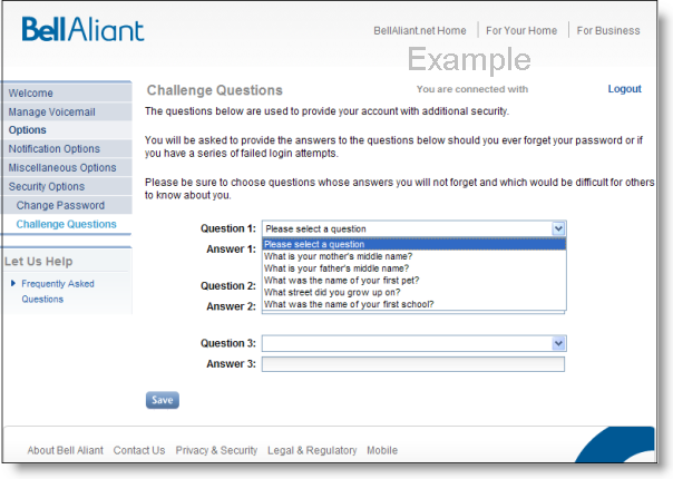 Showing the form in security options that allows you to set up to 3 challenge questions