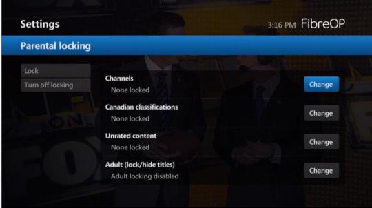 Parental locking screen with options for locking Channels, Canadian classifications, Unrated content and Adult content